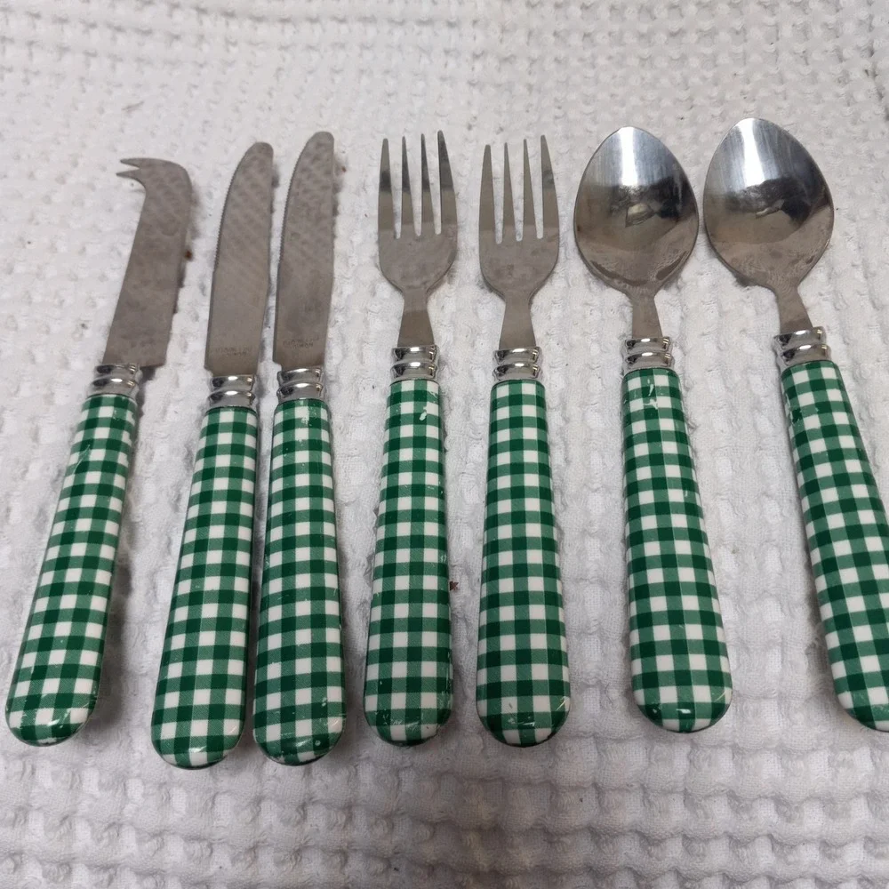 Vintage Green White Gingham Flatware Set 7 Pc Stainless Steel Taiwan Dalper Inox